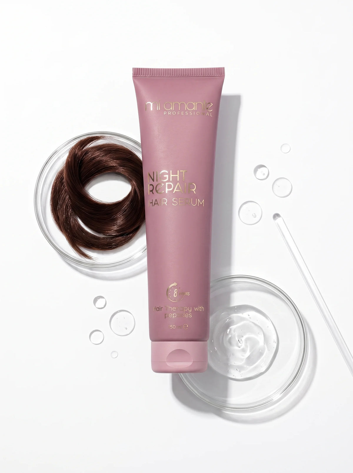 Mi Amante NIGHT REPAIR Hair Serum с лабораторни чашки и кичур коса - лабораторно тествана формула