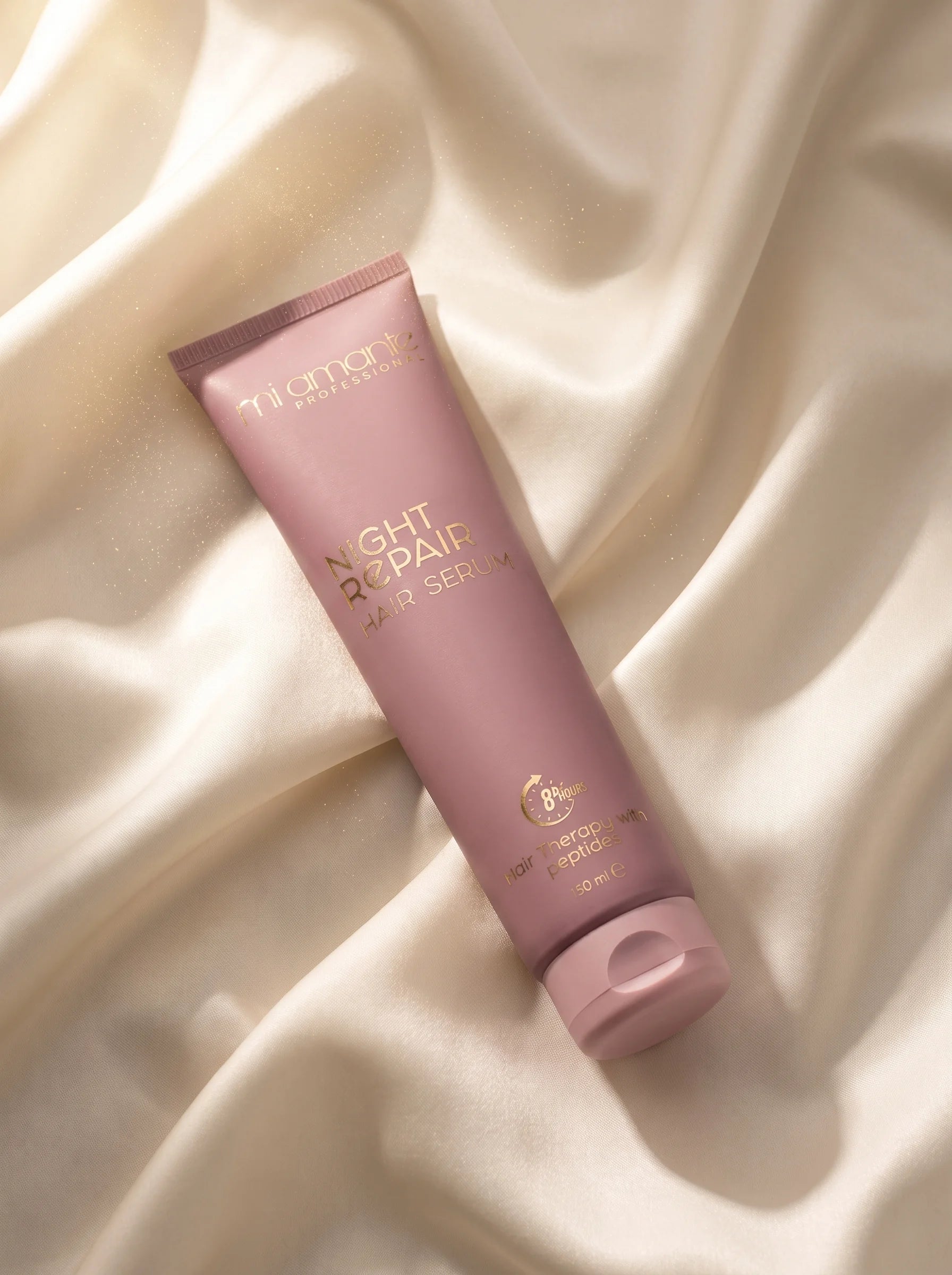 Mi Amante NIGHT REPAIR Hair Serum върху копринен фон - нощен серум за коса с пептиди